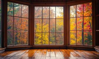 View from the large window on misty autumn landscape photo