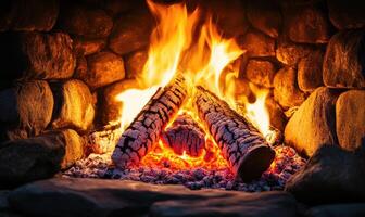 Flames flickering in a stone hearth photo