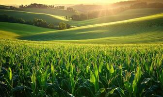 View on cornfield, green leaves, endless rows photo