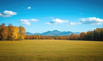 Autumn landscape with open field, colorful trees, distant mountains photo