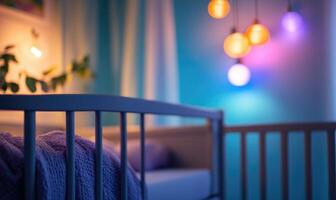 Light gray crib with soft lavender bedding photo