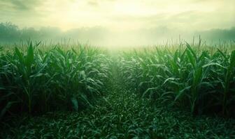 View on cornfield, green leaves, endless rows photo