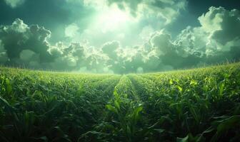 View on cornfield, green leaves, endless rows photo