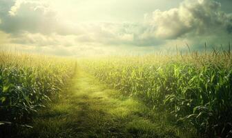 View on cornfield, green leaves, endless rows photo