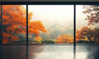Minimalist space, floor-to-ceiling window, misty autumn landscape photo