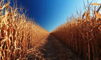 Path through cornfield, tall stalks on both sides photo