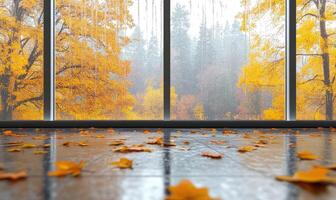 Minimalist space, floor-to-ceiling window, misty autumn landscape photo