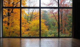 Modern room, wide window, overlooking rainy autumn day photo