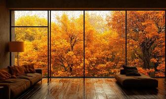 Minimalist space, panoramic window, autumn trees outside photo