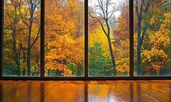 Minimalist space, panoramic window, autumn trees outside photo
