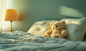 Plush teddy bear nestled in pillows, cozy knitted blanket photo