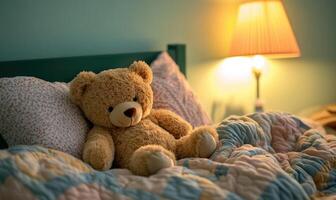 Plush teddy bear nestled in pillows, cozy knitted blanket photo