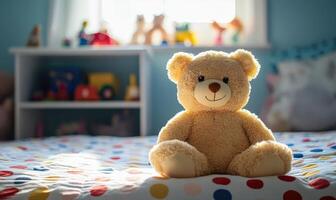 Plush bear sitting upright on bed, polka dot quilt, toy shelf in background photo
