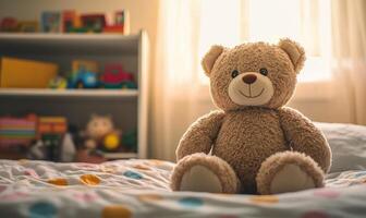Plush bear sitting upright on bed, polka dot quilt, toy shelf in background photo
