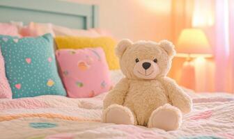 Plush bear sitting on bed, colorful pillows, cozy blankets photo