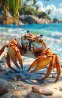 A crab is standing on the beach, looking at the camera. The scene is peaceful and serene, with the ocean in the background and the crab as the main focus photo