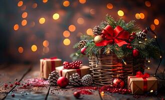 A basket of Christmas decorations sits on a wooden table. The decorations include pine cones, red ribbons, and gold ornaments. The scene conveys a festive and joyful mood photo