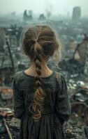 A girl with long hair is standing in front of a city skyline. The image has a mood of sadness and loneliness photo