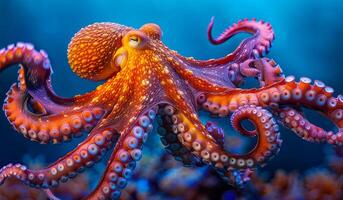 A large orange octopus is swimming in the ocean. The octopus is surrounded by a variety of colorful fish and coral. The scene is vibrant and lively, with the octopus being the focal point of the image photo