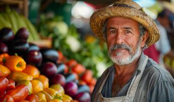 A man wearing a straw hat stands in front of a fruit and vegetable stand. He is smiling and he is enjoying his work photo