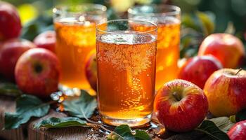 Three glasses of apple juice are on a table with apples. The apples are shiny and red, and the juice is bubbly and frothy. The scene is inviting and refreshing, perfect for a hot summer day photo