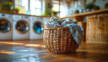 A basket of clothes sits on a wooden floor in front of a washer and dryer. The basket is filled with a variety of items, including a towel and a shirt. Concept of domesticity and routine photo