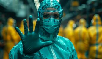 A woman in a green lab coat and goggles is holding her hand up to stop something. The scene is set in a lab or a hospital, and the woman is wearing a mask. Scene is serious and focused photo