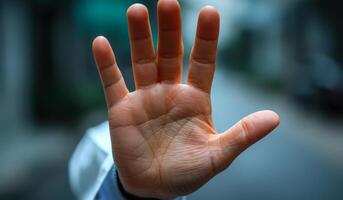 A hand is raised in the air, with the thumb pointing down. Concept of caution or warning, as if the person is trying to stop something or prevent an action from happening photo
