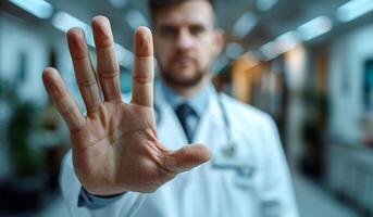 A doctor is holding up his hand to stop something. Concept of authority and control, as the doctor is in a position of power and is using his hand to stop something from happening photo