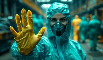 A woman in a hazmat suit is holding her hand up in a stop gesture. The scene is set in a factory or industrial setting, with several other people in hazmat suits scattered around the area photo