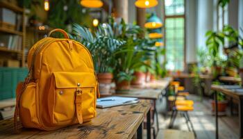 A yellow backpack sits on a wooden table in a room with potted plants. The backpack is open and the contents are visible. The room has a cozy and inviting atmosphere photo