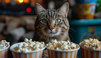 A cat is standing in front of four bowls of popcorn. The cat is looking at the camera with a curious expression. The scene is playful and lighthearted, as the cat seems to be enjoying the popcorn photo