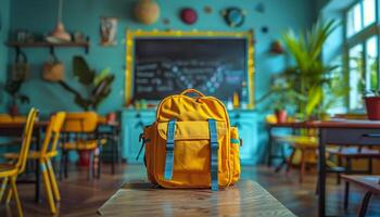 A yellow backpack sits on a wooden table in a classroom. The room is decorated with colorful posters and plants, creating a bright and welcoming atmosphere. The backpack is the main focus of the image photo