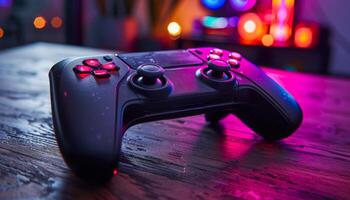 A black controller with red buttons sits on a wooden table photo
