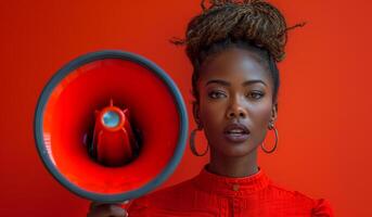 A woman is holding a microphone and wearing a red dress. The red background and the microphone create a bold and powerful atmosphere photo