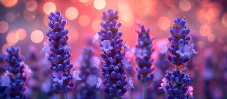 A field of purple lavender flowers with a pinkish hue. The flowers are in full bloom and are arranged in a way that creates a sense of depth and perspective. The image conveys a feeling of tranquility photo