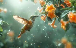 A hummingbird is drinking nectar from a flower. The image has a peaceful and serene mood, as the bird is surrounded by beautiful flowers and the sky is clear photo