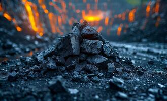 A pile of black rocks with a lava flow in the background. Scene is dark and ominous photo