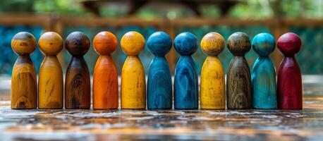 A row of wooden figurines with different colors and sizes. The colors are yellow, blue, red, and green photo