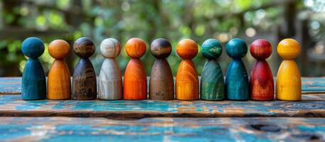 A row of wooden figurines of people are lined up on a table. The figurines are of different colors and sizes, and they appear to be arranged in a row. Concept of unity and diversity photo