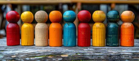 A row of wooden figurines with different colors and sizes. Concept of diversity and individuality, as each figurine is unique in its appearance photo