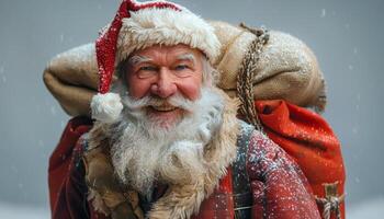 A smiling man dressed as Santa Claus is wearing a red hat and carrying a red backpack. He is surrounded by snow and he is enjoying the winter season photo