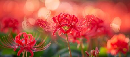 A close up of a red flower with a blurry background. The flower is surrounded by other red flowers, creating a vibrant and colorful scene. The blurry background adds a sense of depth photo