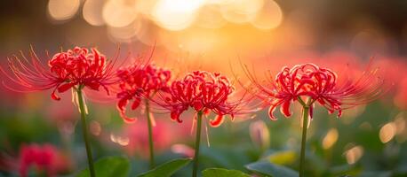 A group of red flowers are in a field with a bright sun in the background. The flowers are in full bloom and are surrounded by green grass. The scene is peaceful and serene photo
