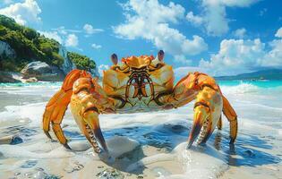 A crab is standing on the beach, looking out at the ocean. The scene is peaceful and serene, with the crab being the main focus of the image photo