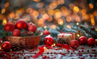 A basket of red Christmas ornaments sits on a table. The ornaments are surrounded by pine cones and ribbons, creating a festive and cozy atmosphere photo