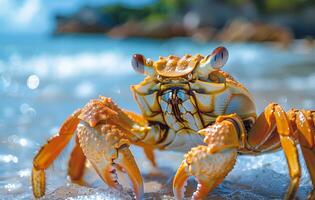 A crab is standing on the beach, looking out into the ocean. The scene is peaceful and serene, with the crab being the main focus of the image photo