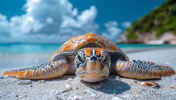 A baby turtle is laying on the beach. The turtle is small and has a bright orange and yellow shell. The beach is calm and peaceful, with the ocean in the background photo