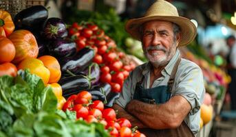 A man in a straw hat stands in front of a vegetable stand. He is smiling and he is proud of his produce photo