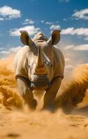 A rhino is running through the desert, kicking up sand behind it. The scene is dynamic and full of energy, with the rhino's powerful movements creating a sense of motion and excitement photo
